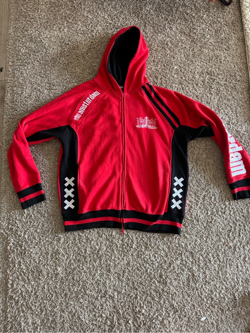 Red & Black Zip-Up Hoodie with Amsterdam Graphics